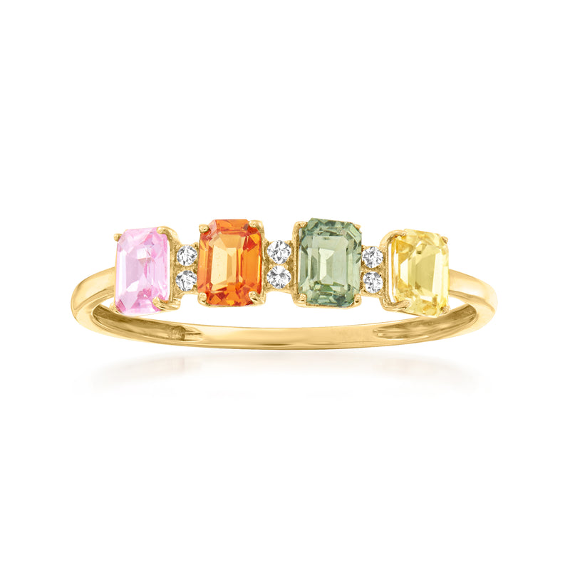 14kt yellow gold ring with pink, orange, green, and yellow sapphires and diamond accents