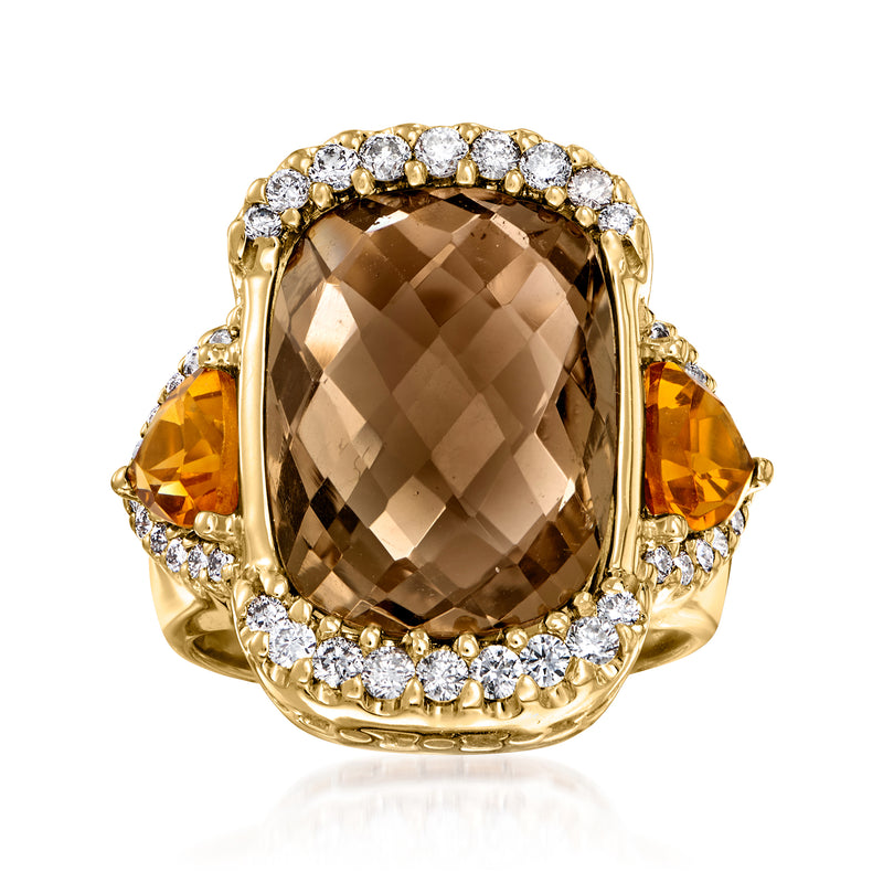 14k yellow gold ring with smoky quartz, citrine accents, diamond halo