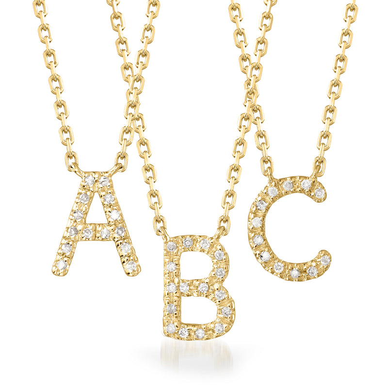 Initial diamond necklace in 18kt gold over sterling, chain with A, B, C charms