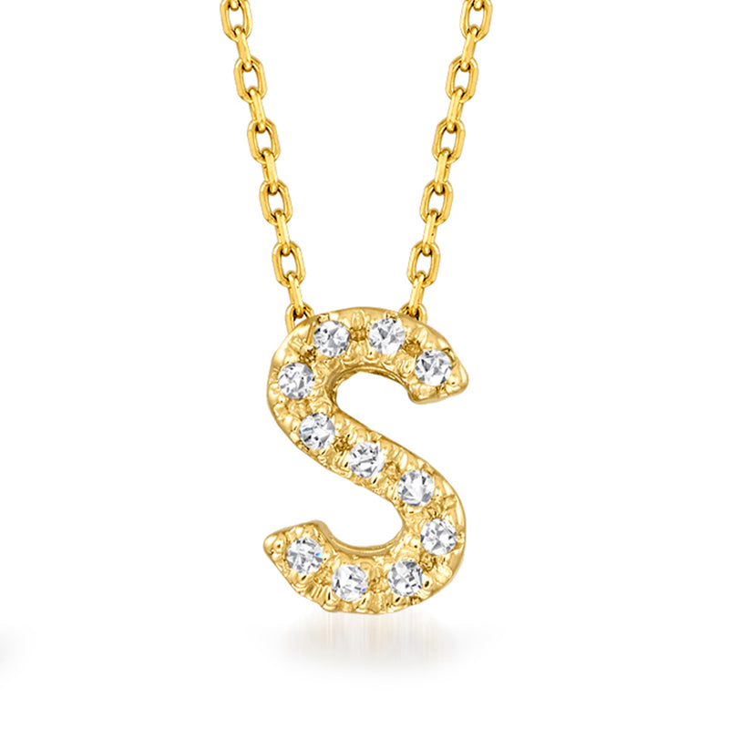 14kt yellow gold diamond initial necklace with S pendant and round bezel-set stones