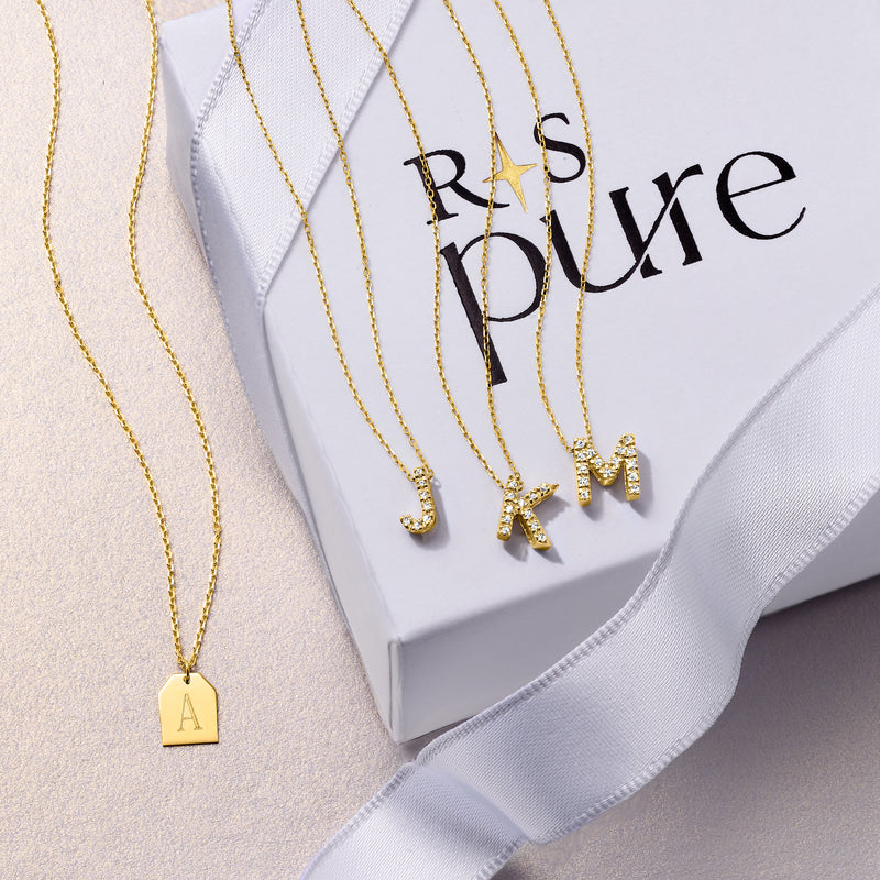 14kt yellow gold diamond initial necklace with A square pendant, on chain