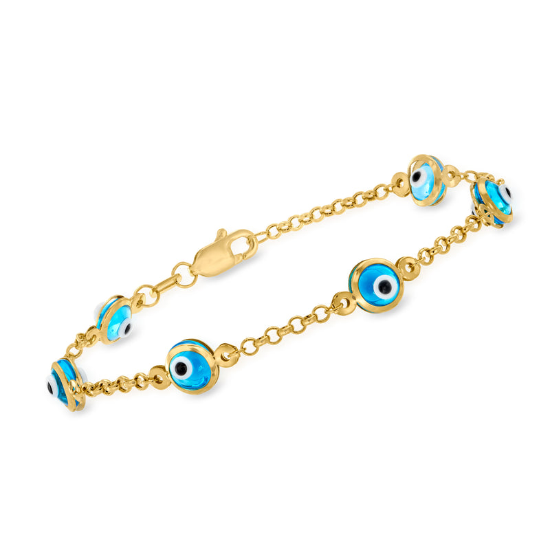 Child's 14kt yellow gold evil eye station bracelet with blue enamel eye charms