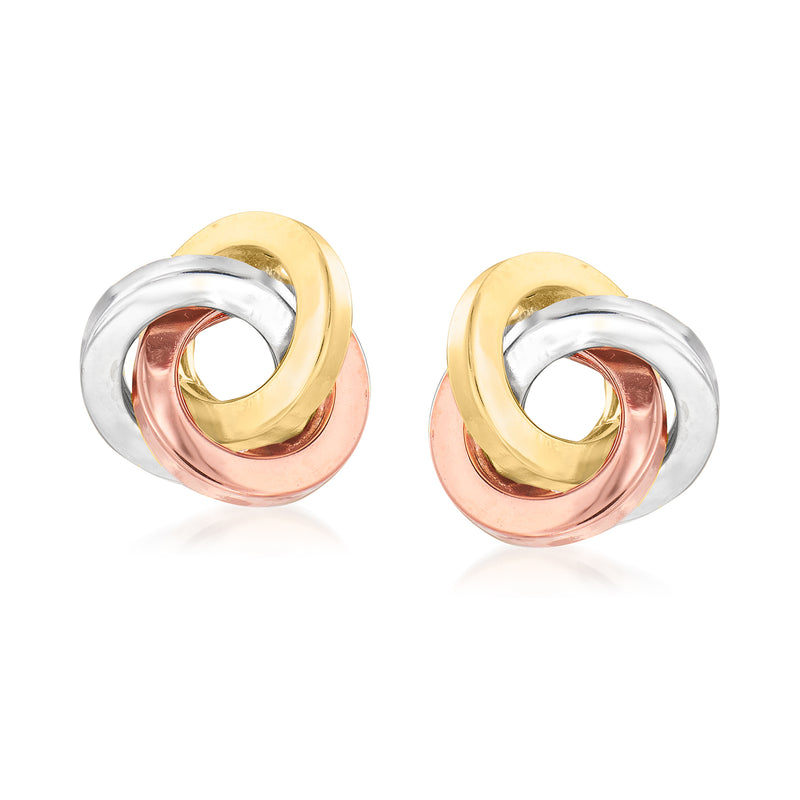 14kt tri-colored gold love-knot post earrings, interlocking rings in yellow, rose, and white gold