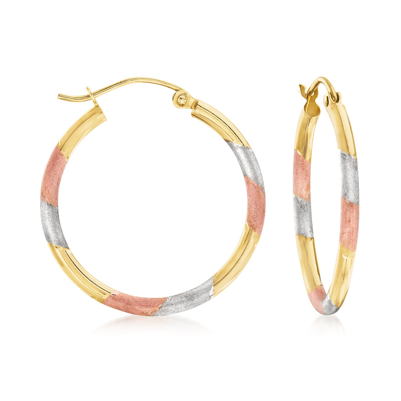 Tri-colored 14kt gold hoop earrings with alternating yellow, silver, and rose sections