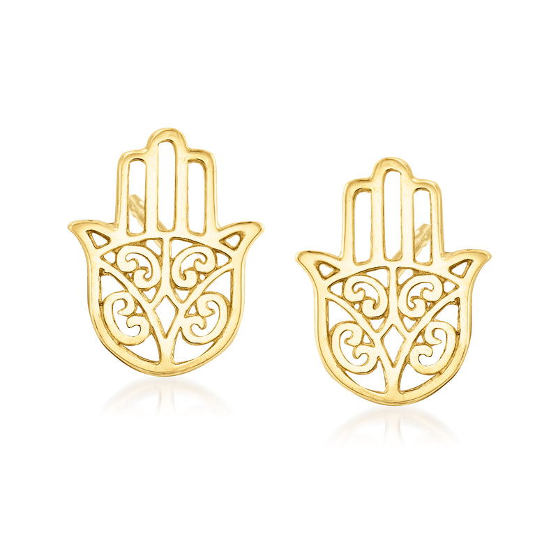 14kt yellow gold Hamsa hand stud earrings with engraved filigree detail