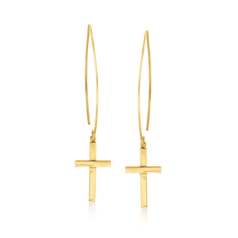 14kt yellow gold cross drop earrings with thin hoops and dangling cross charms