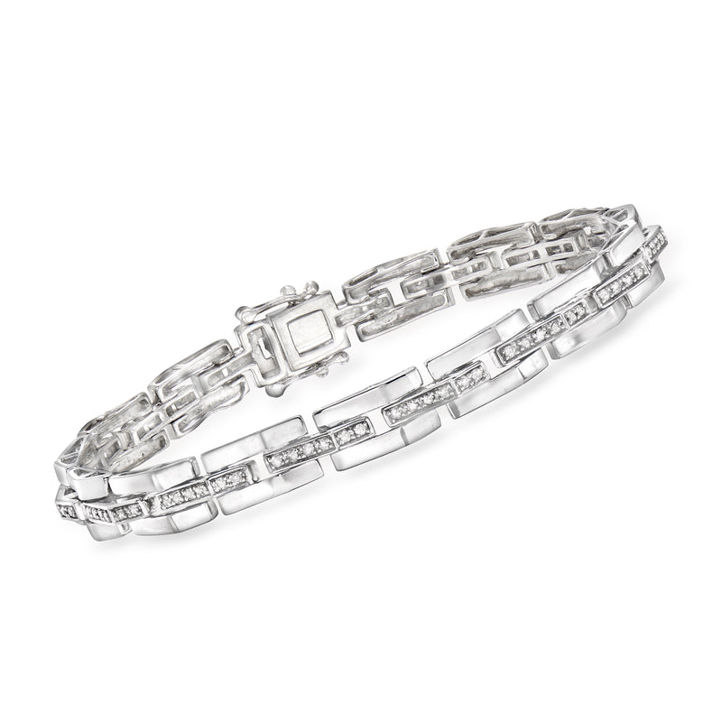 Sterling silver bar-link bracelet with rectangular links and small diamond accents