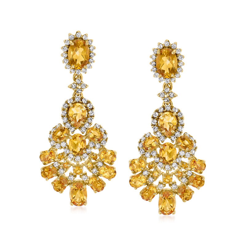 Gold drop earrings with marquise citrine centers and clear zircon cluster tiers