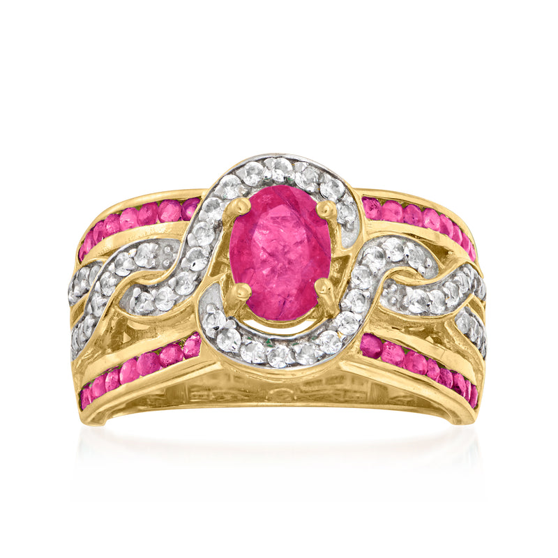Gold over sterling ring with oval pink ruby centerpiece, white zircon halo, pink stone band