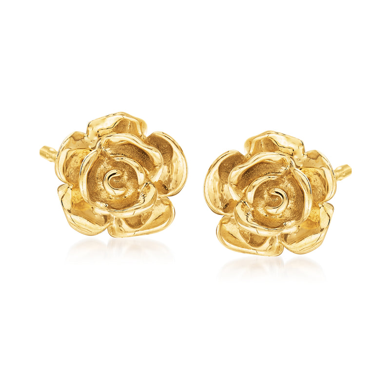 14kt yellow gold rose stud earrings with detailed floral rose design