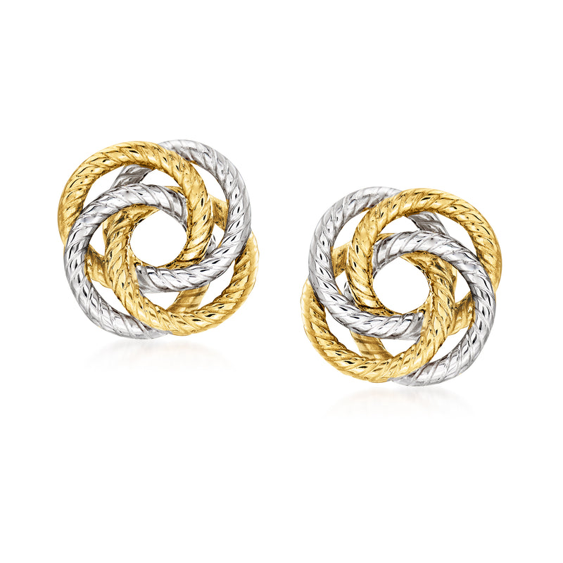 Two-tone 14kt gold love knot stud earrings, twisted intertwined design