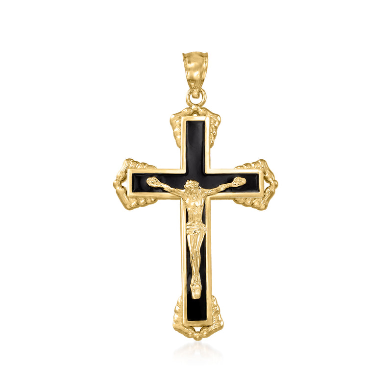 Yellow gold crucifix pendant with black enamel center and polished bail