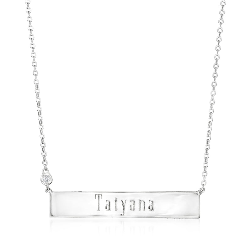 Sterling silver bar necklace with engraved name and small diamond accent