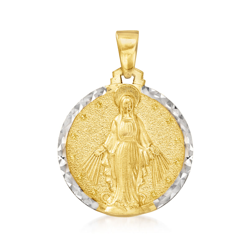 Two-tone 14kt gold Virgin Mary circle pendant, gold center with silver border
