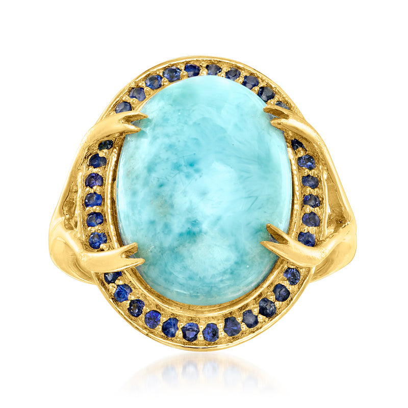 Gold over sterling ring with oval larimar centerpiece and blue sapphire border