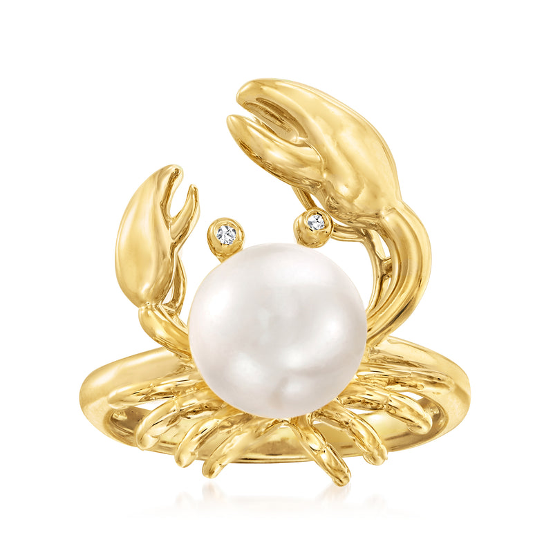 Gold crab ring with large white cultured pearl and round diamond accents