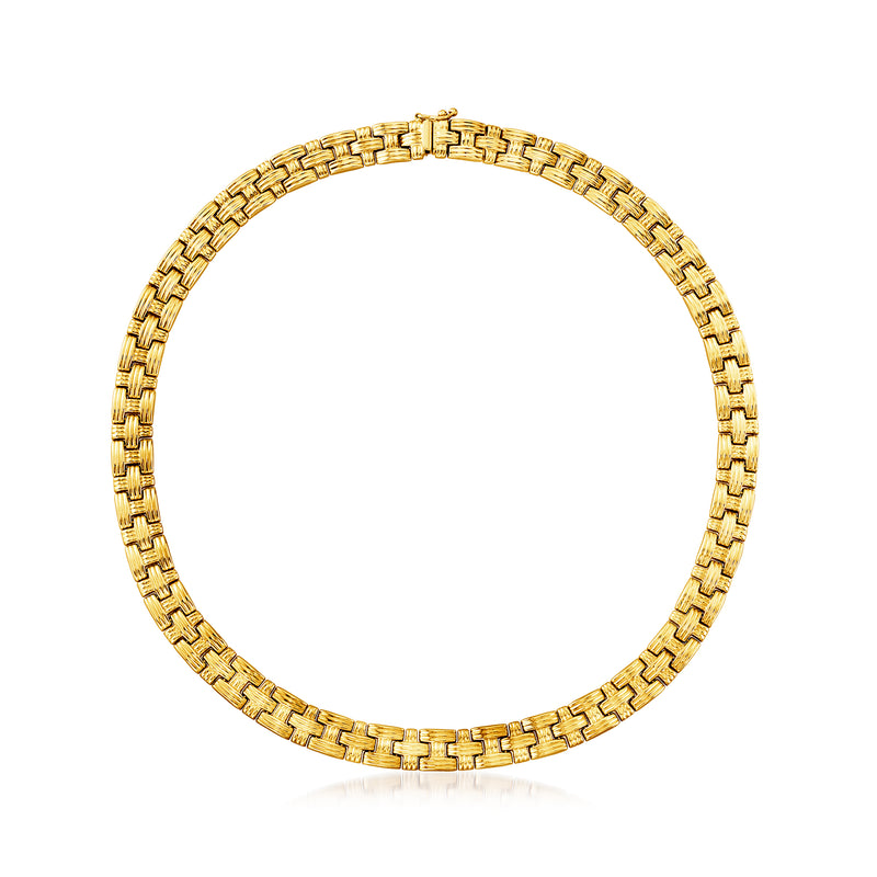 14kt yellow gold basketweave link necklace with textured braided chain design