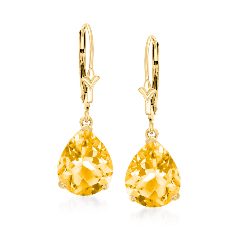 Pear-shaped citrine drop earrings in 14kt yellow gold, leverback style
