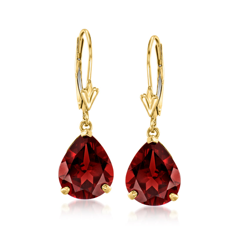 14kt yellow gold leverback drop earrings with maroon pear-shaped garnet stones