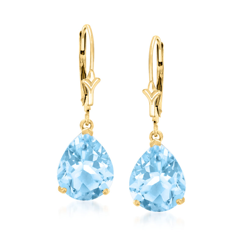 14kt yellow gold leverback drop earrings with sky blue teardrop topaz