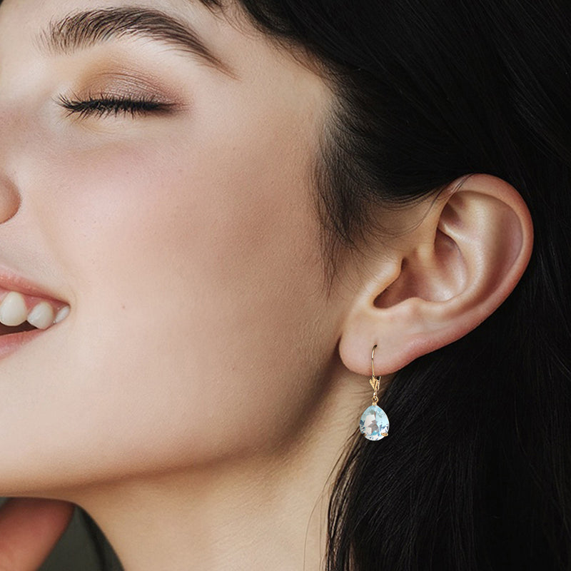 Sky blue teardrop topaz drop earrings in 14kt yellow gold on ear
