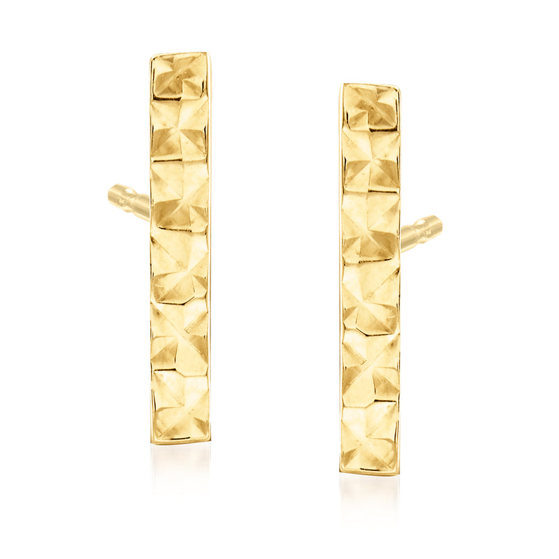 14kt yellow gold bar post earrings with faceted square texture