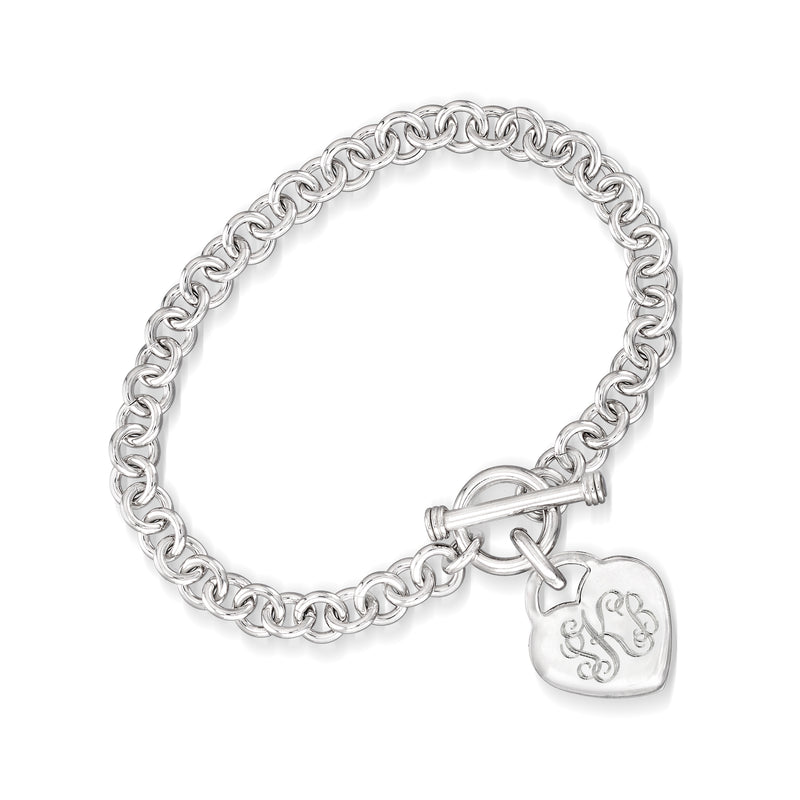 Sterling silver chain toggle bracelet with engraved heart charm and bar clasp