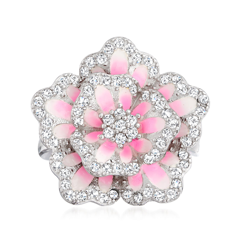 Sterling silver flower ring with sparkling stones and pink enamel petals