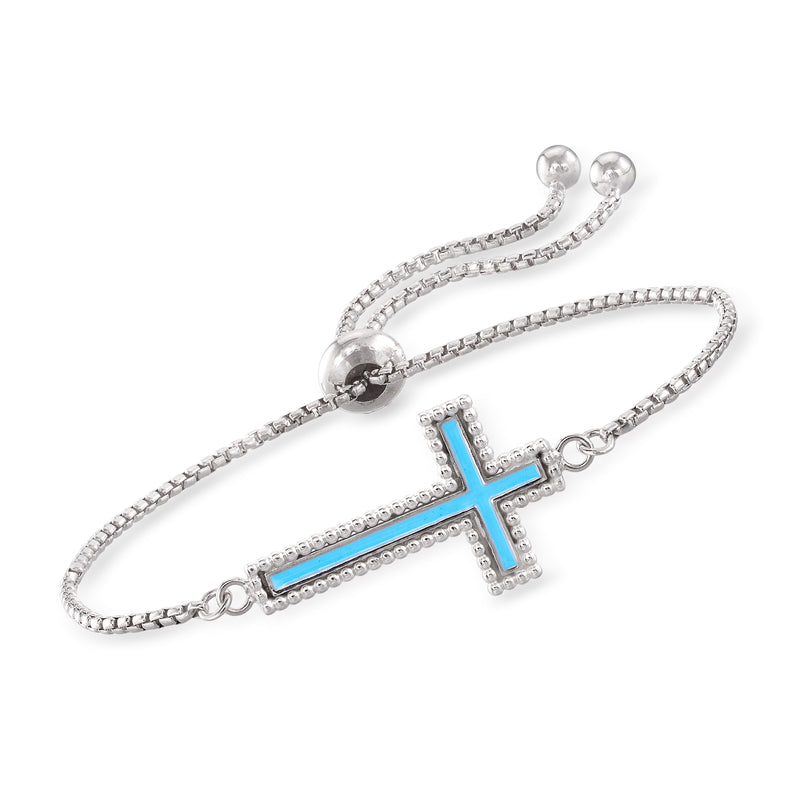 Sterling silver bolo bracelet with blue enamel cross charm and adjustable clasp