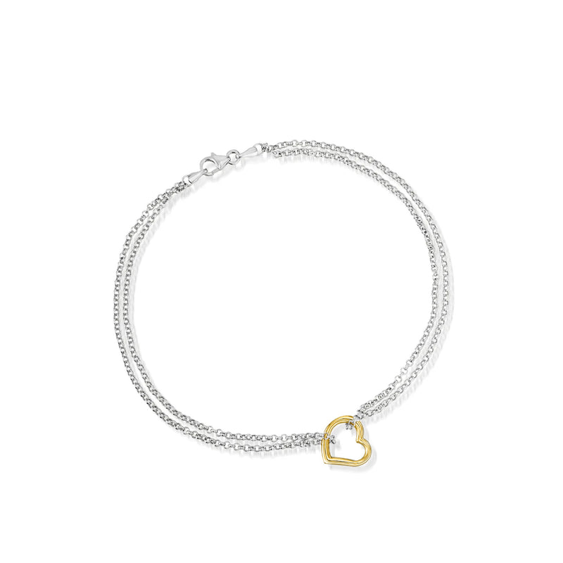 Sterling silver chain heart anklet with 14kt yellow gold heart charm