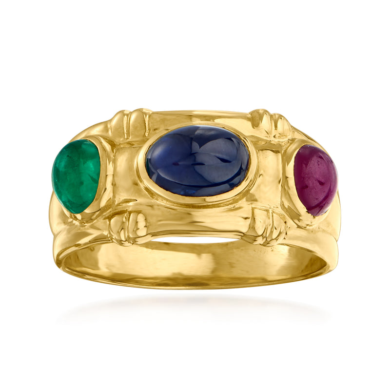 14kt yellow gold multi-gem oval ring with dark blue center and green and purple side stones