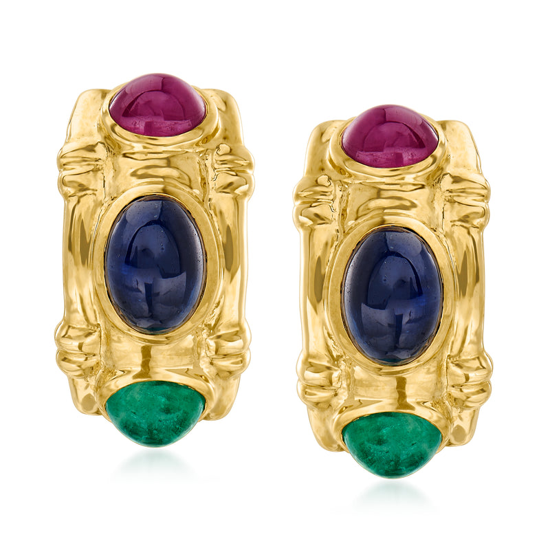 14kt yellow gold multi-gem clip/post earrings with purple, blue, and green stones