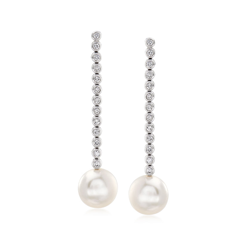White gold drop earrings with round cultured pearl and bezel-set diamond accents