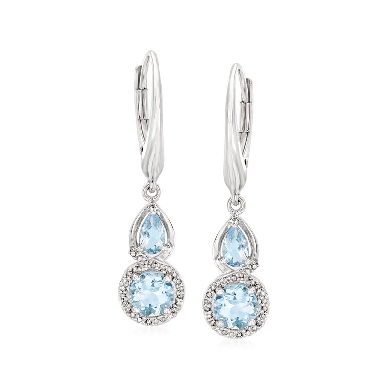 Sterling silver leverback drop earrings with light blue aquamarine and diamond accents