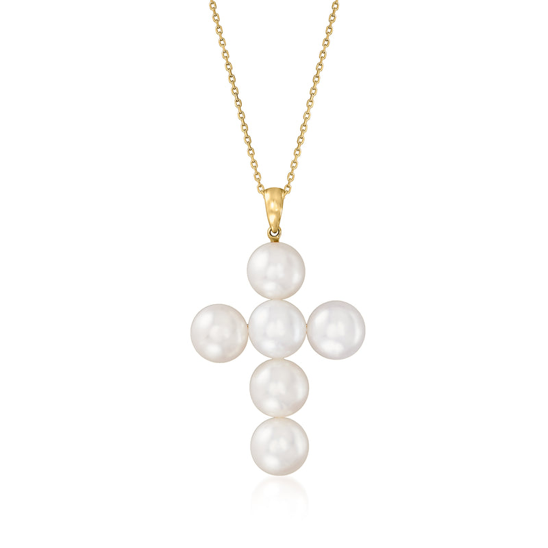 14kt yellow gold cross pendant necklace with cultured pearl drops