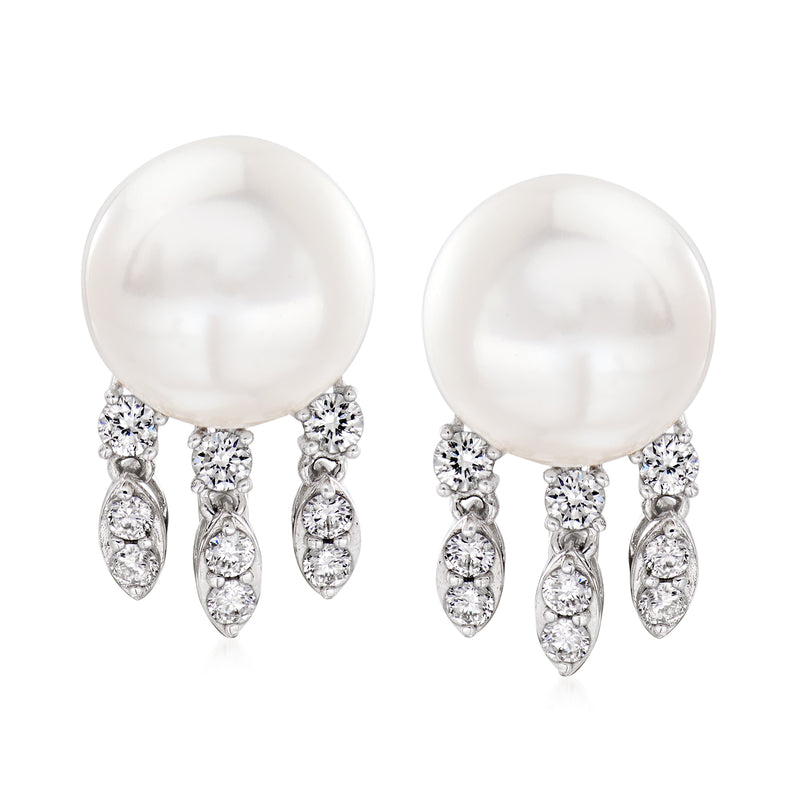 White gold drop earrings with large round cultured pearl and diamond-like teardrop clusters