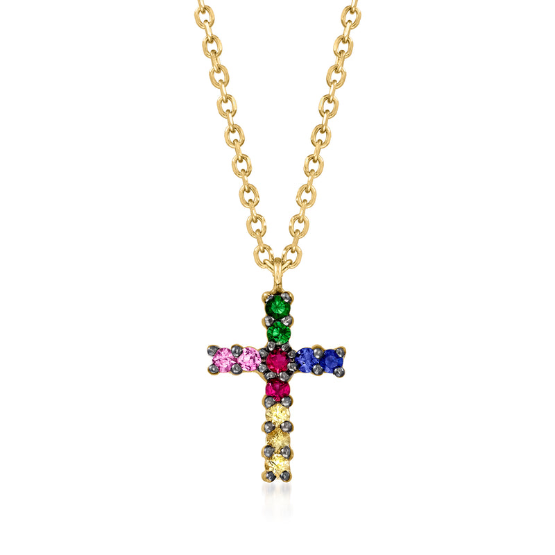 14kt yellow gold cross pendant necklace with multicolored sapphire-like gem accents