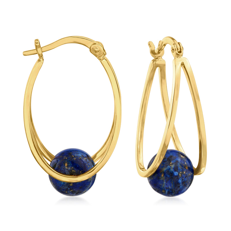 Lapis bead double-hoop earrings in gold over sterling with blue lapis spheres