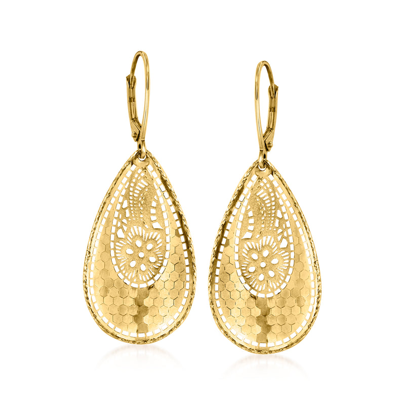 14kt yellow gold teardrop leverback earrings with floral filigree cutouts