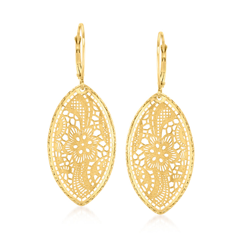 Yellow gold marquise drop earrings with filigree lace pattern, leverback closures