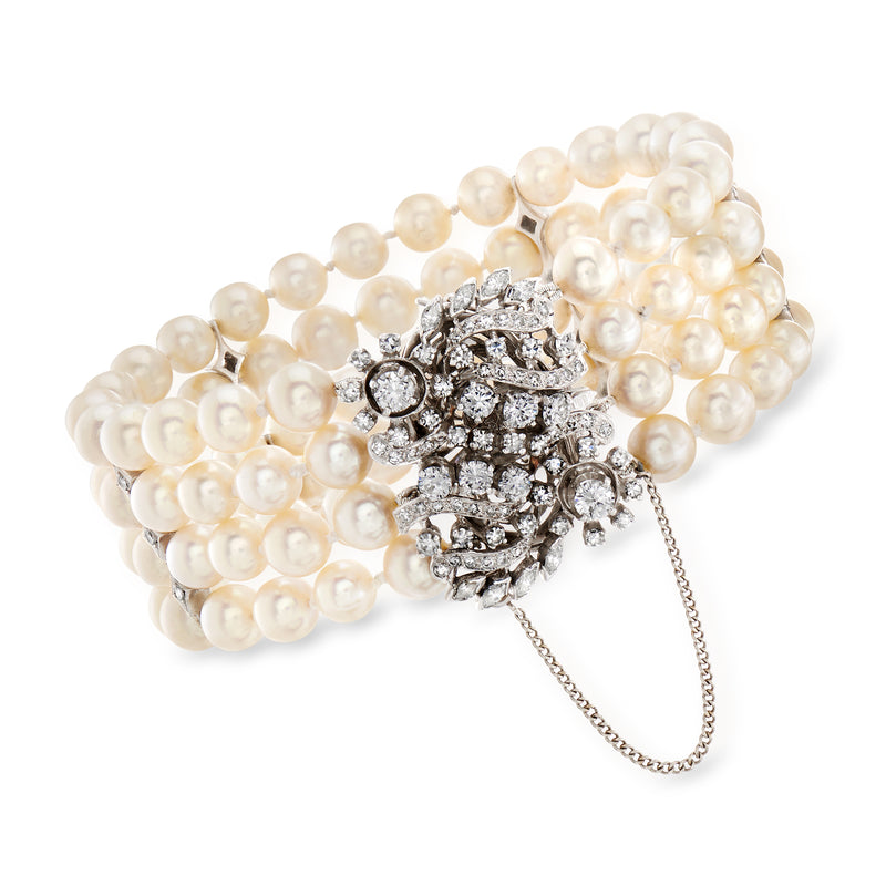 Cultured pearl bracelet with diamond cluster clasp in 14kt white gold