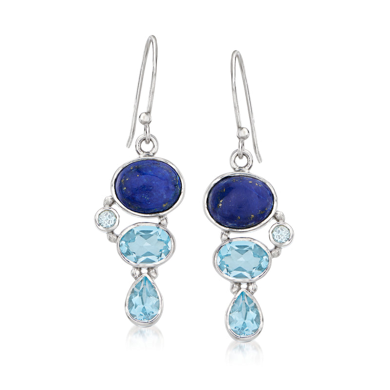 Sterling silver earwire drop earrings with oval lapis-blue stone and three light-blue topaz