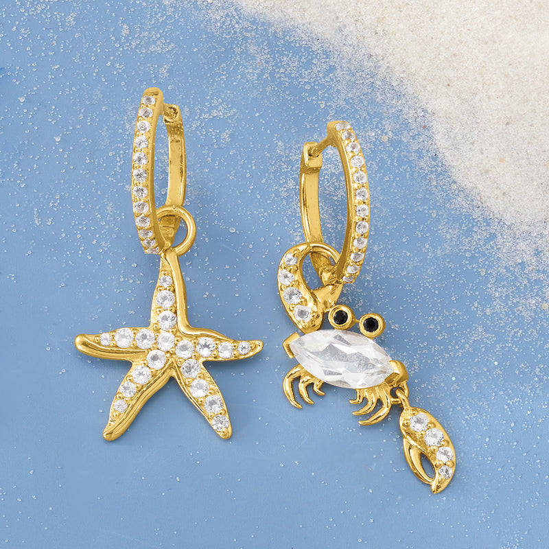 Gold drop earrings with starfish and crab charms, clear stones, crab has black eye