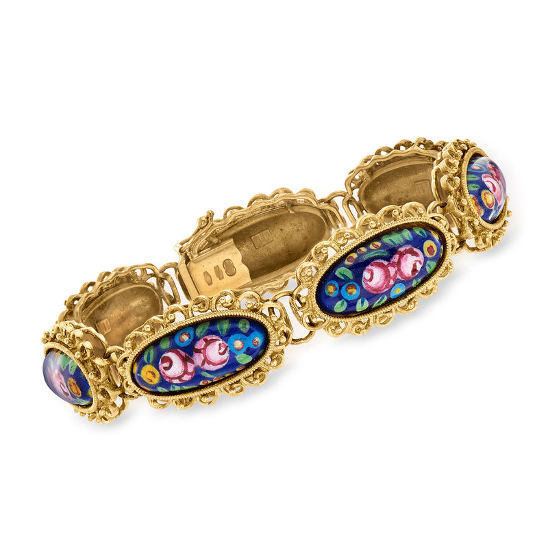 Vintage 18kt gold bracelet with oval painted floral in blue and pink enamel links