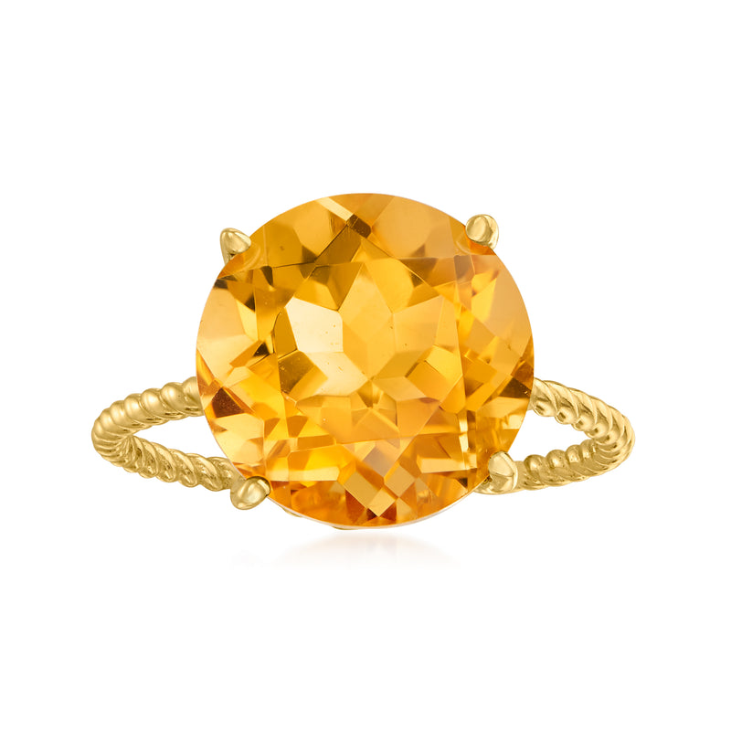 14kt yellow gold ring with oval citrine gemstone and twisted rope-style band