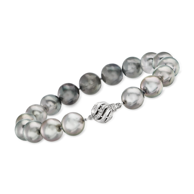 Black cultured pearl bracelet with diamond clasp in 14kt white gold
