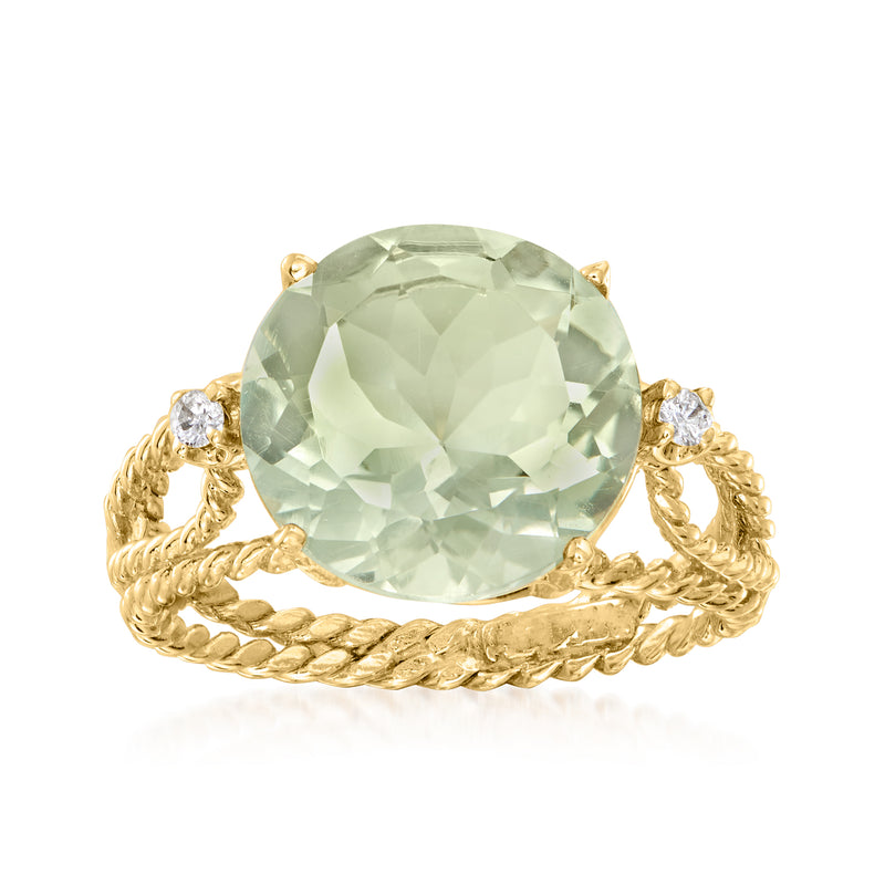 14kt yellow gold prasiolite ring with large round green gemstone and diamond accents