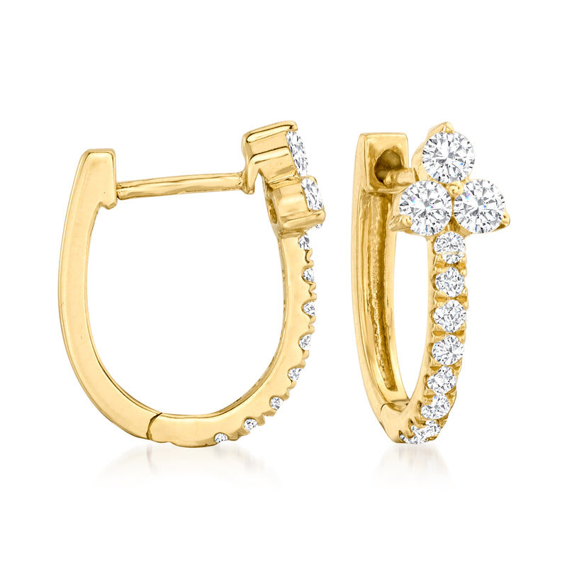 14kt yellow gold diamond huggie hoop earrings, hinged hoops with round stones