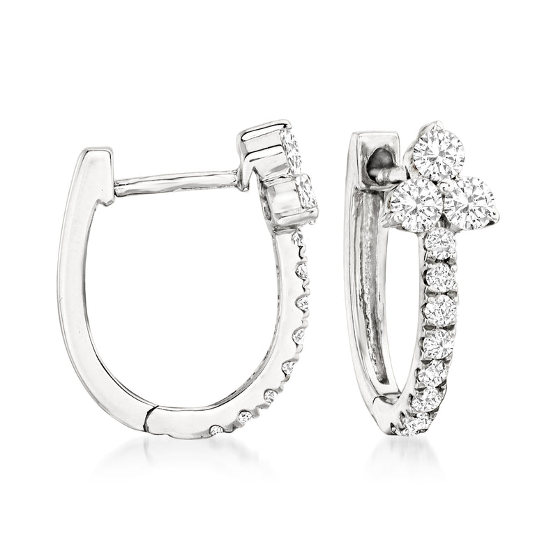 14kt white gold huggie hoop earrings with diamond cluster detailing