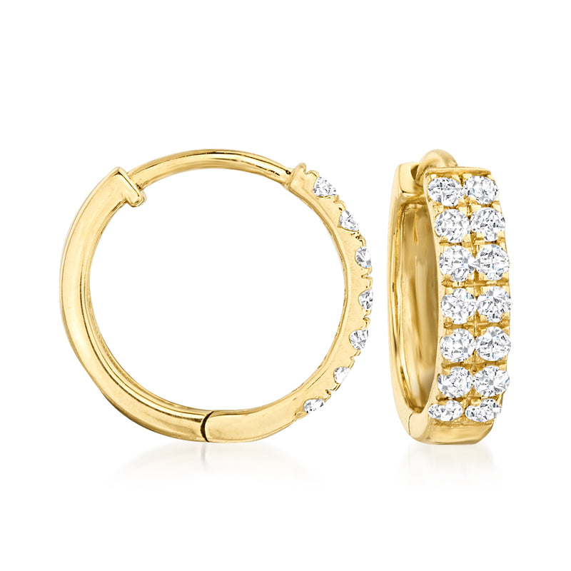 Diamond huggie hoop earrings in 14kt yellow gold, pavé-set with round stones